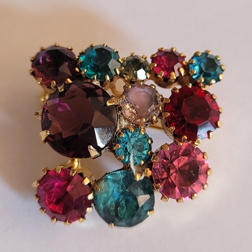 Juliana Delizza and Elster MCM Multi-color Glass Gold‎ Cluster Brooch